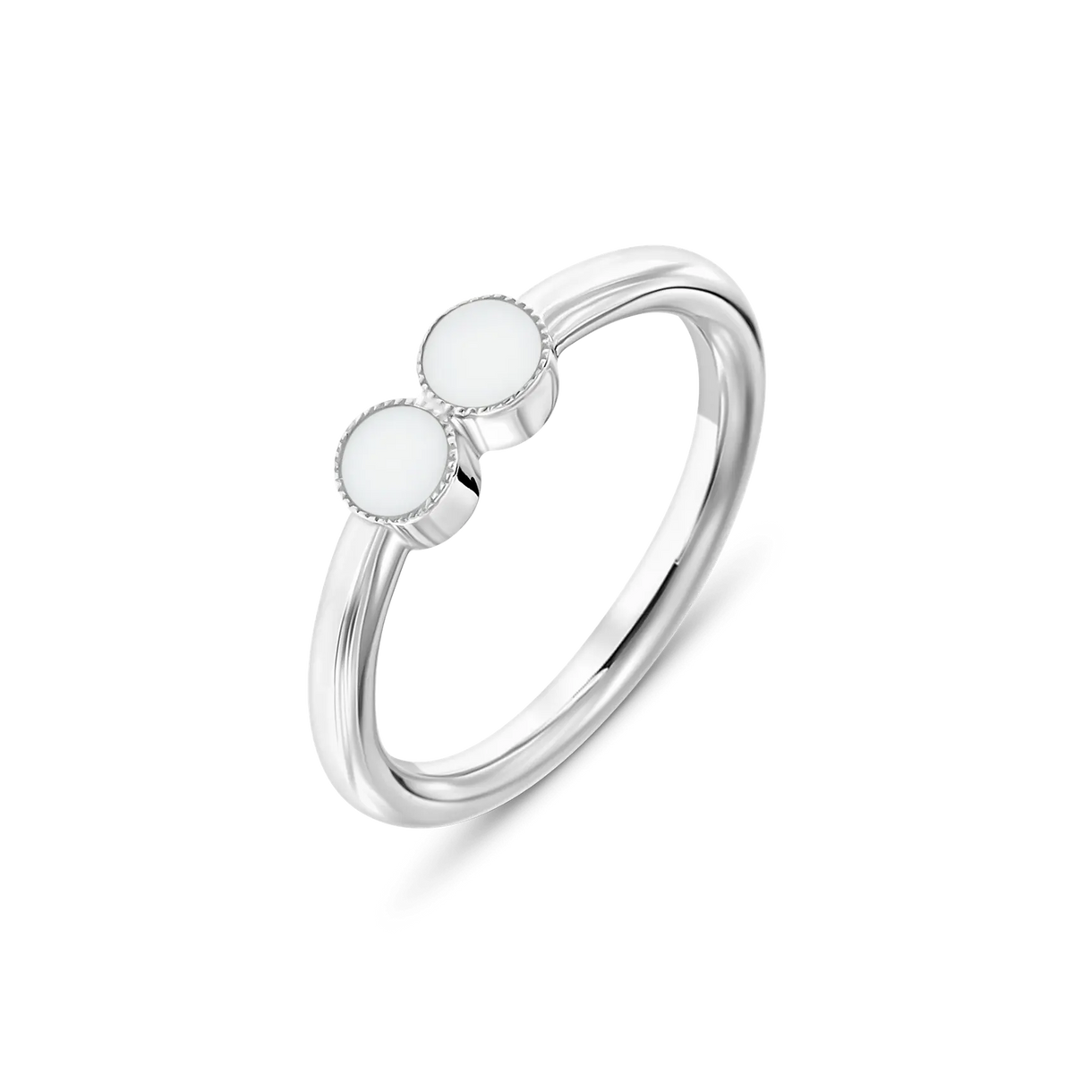 Massief witgouden ring met twee ronde elementen van moedermelkhars, elegant en tijdloos van ontwerp.