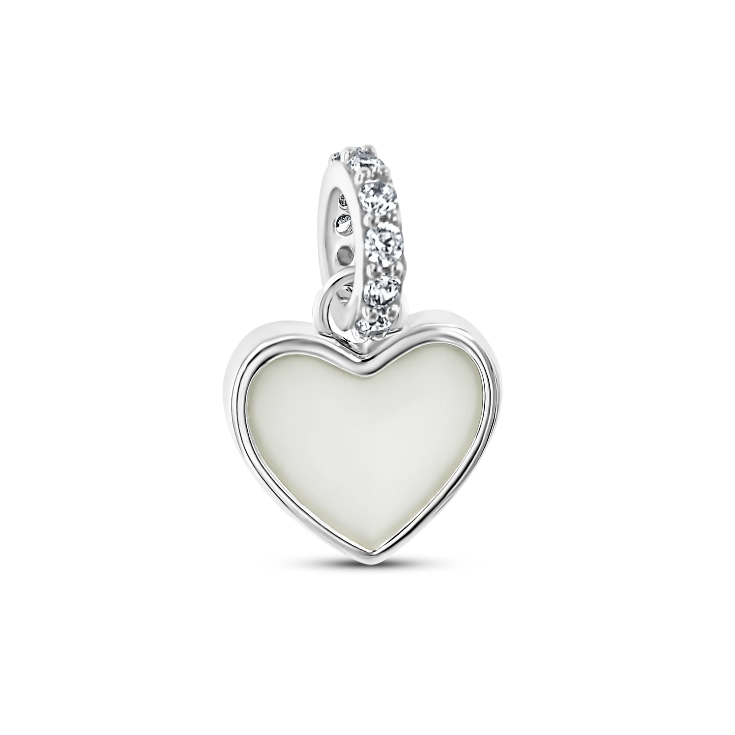 Indy moedermelk bedel van gerhodineerd zilver, hartvormig moedermelksteentje met zirkonia clip