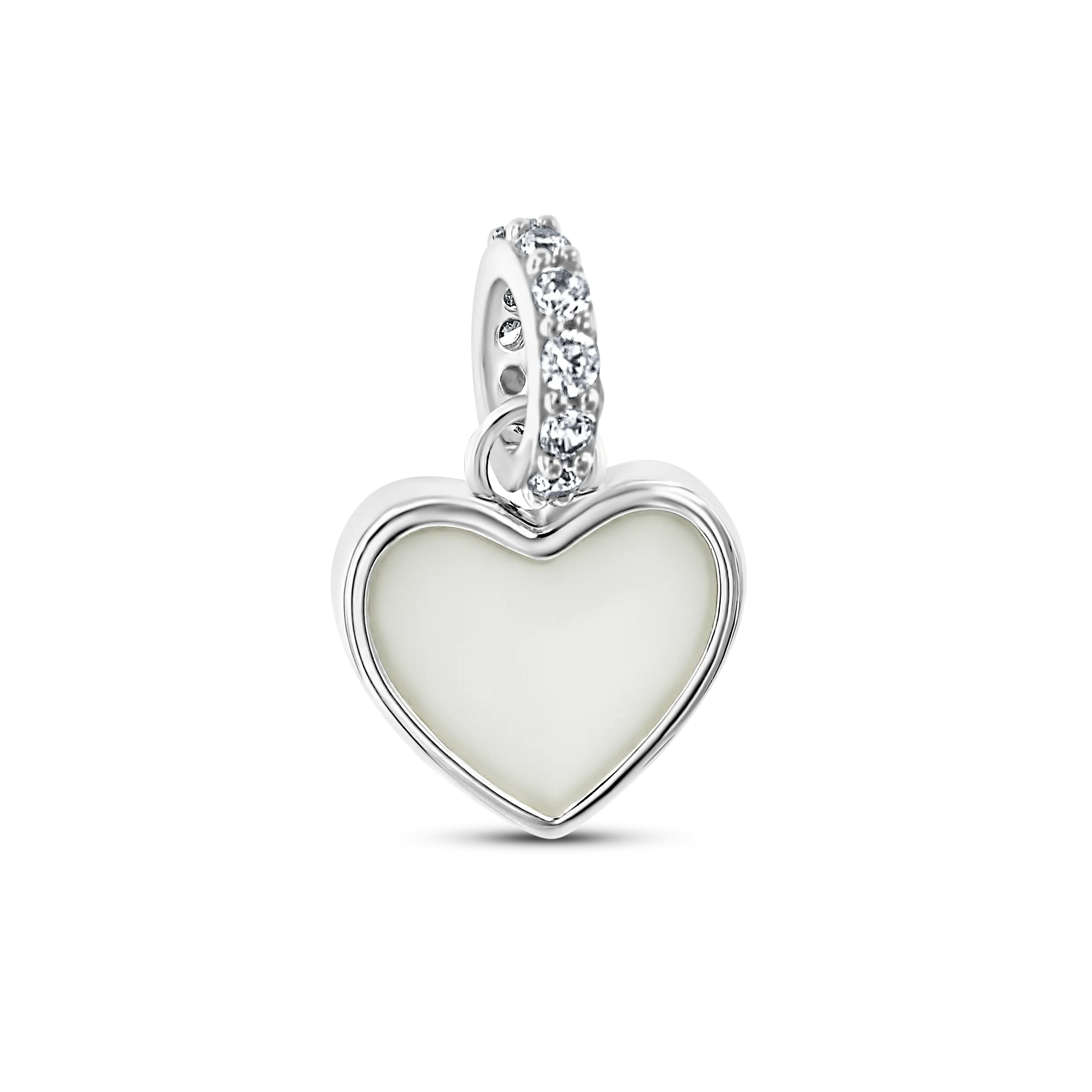 Indy moedermelk bedel van gerhodineerd zilver, hartvormig moedermelksteentje met zirkonia clip