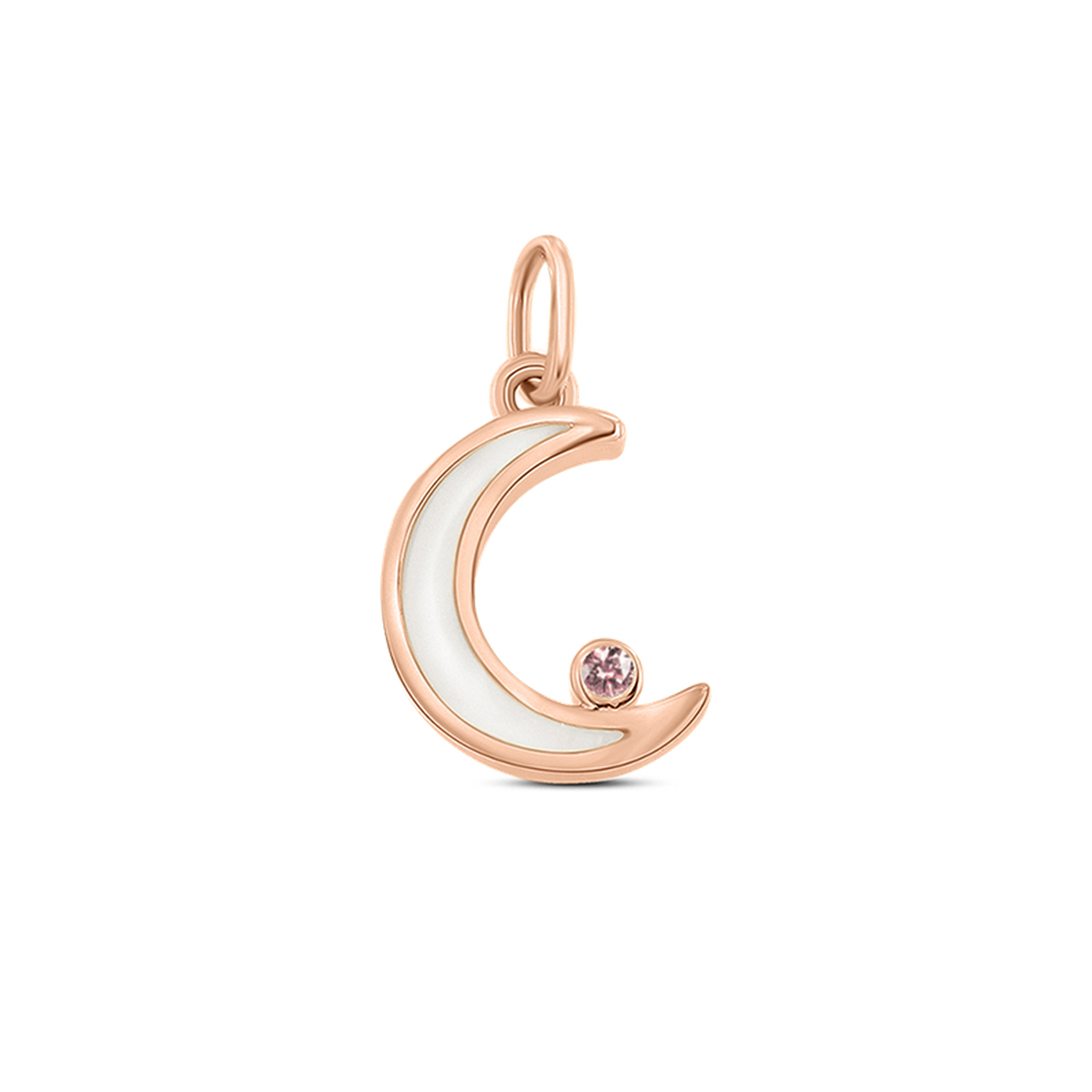 Roségouden hanger in de vorm van een halve maan, met een vlak van moedermelkhars en een kleine roze zirkonia.
