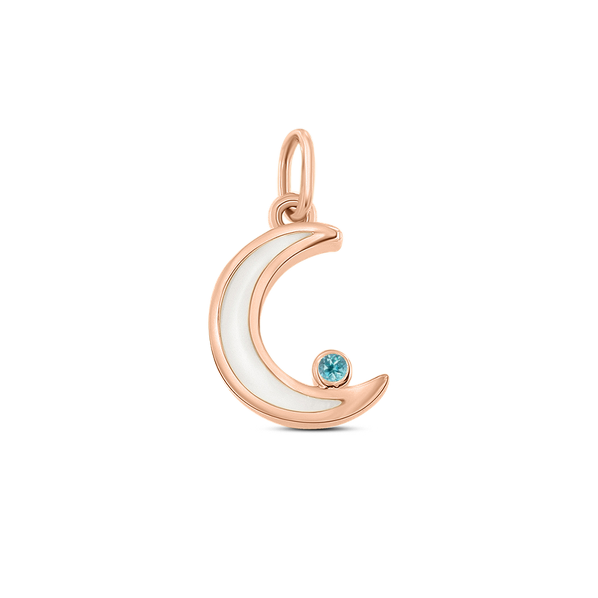 Roségouden hanger in de vorm van een maan met een vlak van moedermelkhars en een geboortesteen in de kleur blauw.