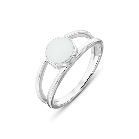 Elegante moedermelkring van 925 zilver met een ronde, gladde bovenkant van moedermelkhars en een dubbele band.