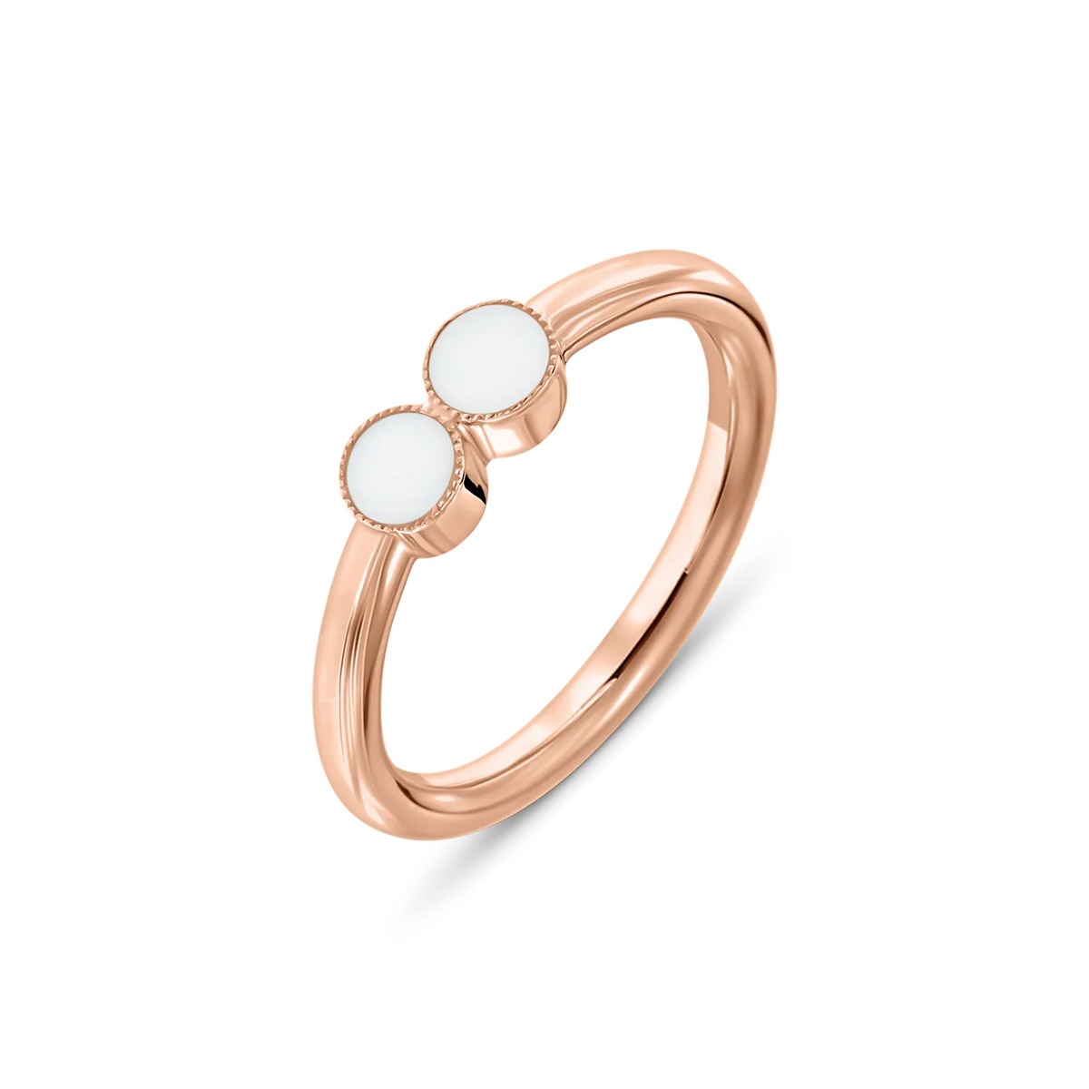 Roségouden moedermelkring met twee ronde witte moedermelkhars elementen, elegant en minimalistisch van ontwerp.