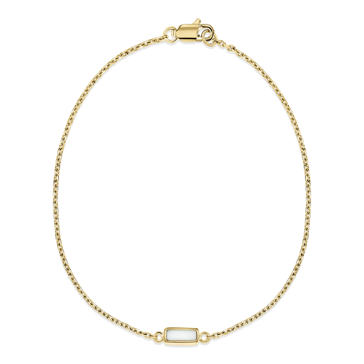 Armband van massief geelgoud met een rechthoekige moedermelkhars in het midden, fijne schakels en een sluiting.