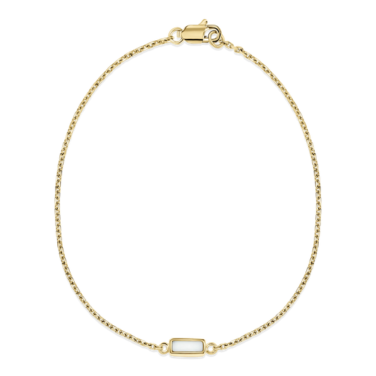 Armband van massief geelgoud met een rechthoekige moedermelkhars in het midden, fijne schakels en een sluiting.