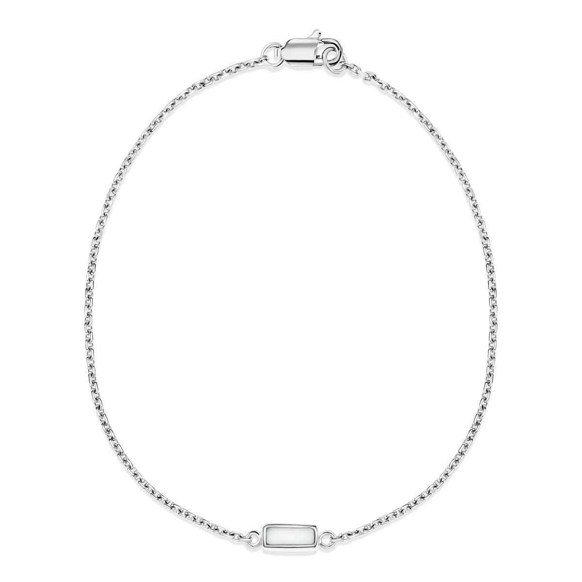 Armband van massief witgoud met een fijne schakelketting en een rechthoekig vlak voor moedermelkhars.