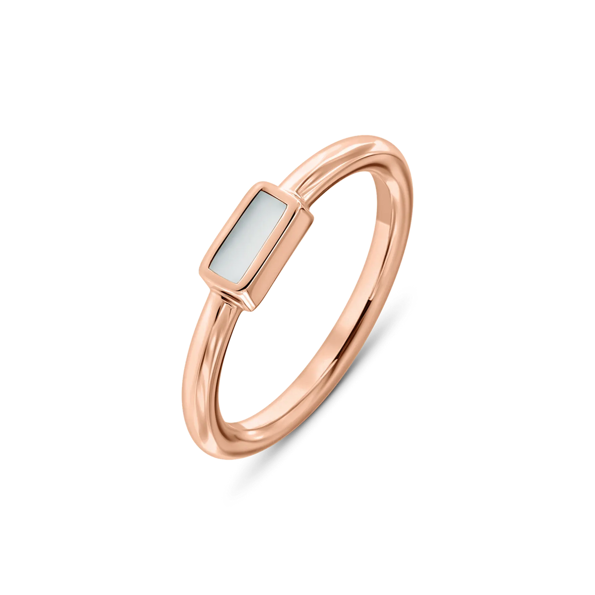 Roségouden ring met een rechthoekig vlak van moedermelkhars, met een gladde, ronde band.