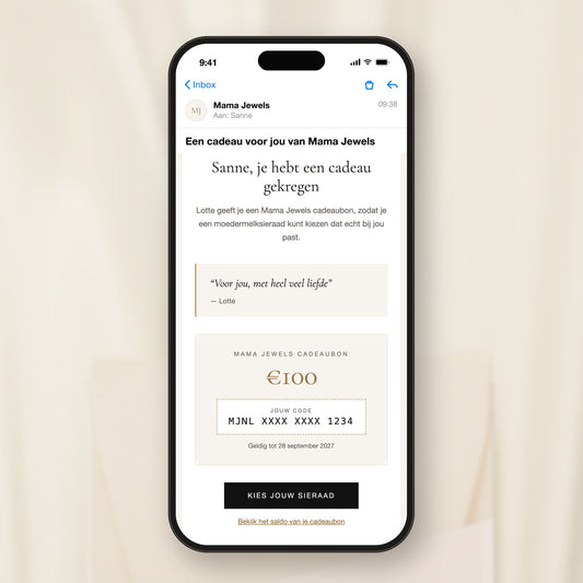 Mama Jewels cadeaubon ontvangen per e-mail op een telefoon