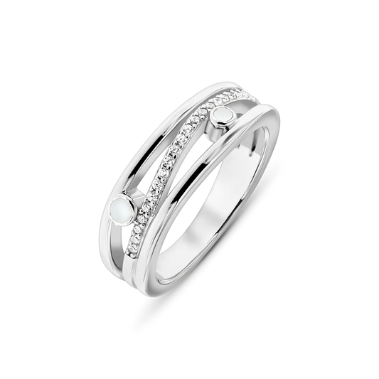Moedermelkring van 925 zilver met een gladde afwerking, twee ronde elementen en een rij zirkonia steentjes aan de zijkant.