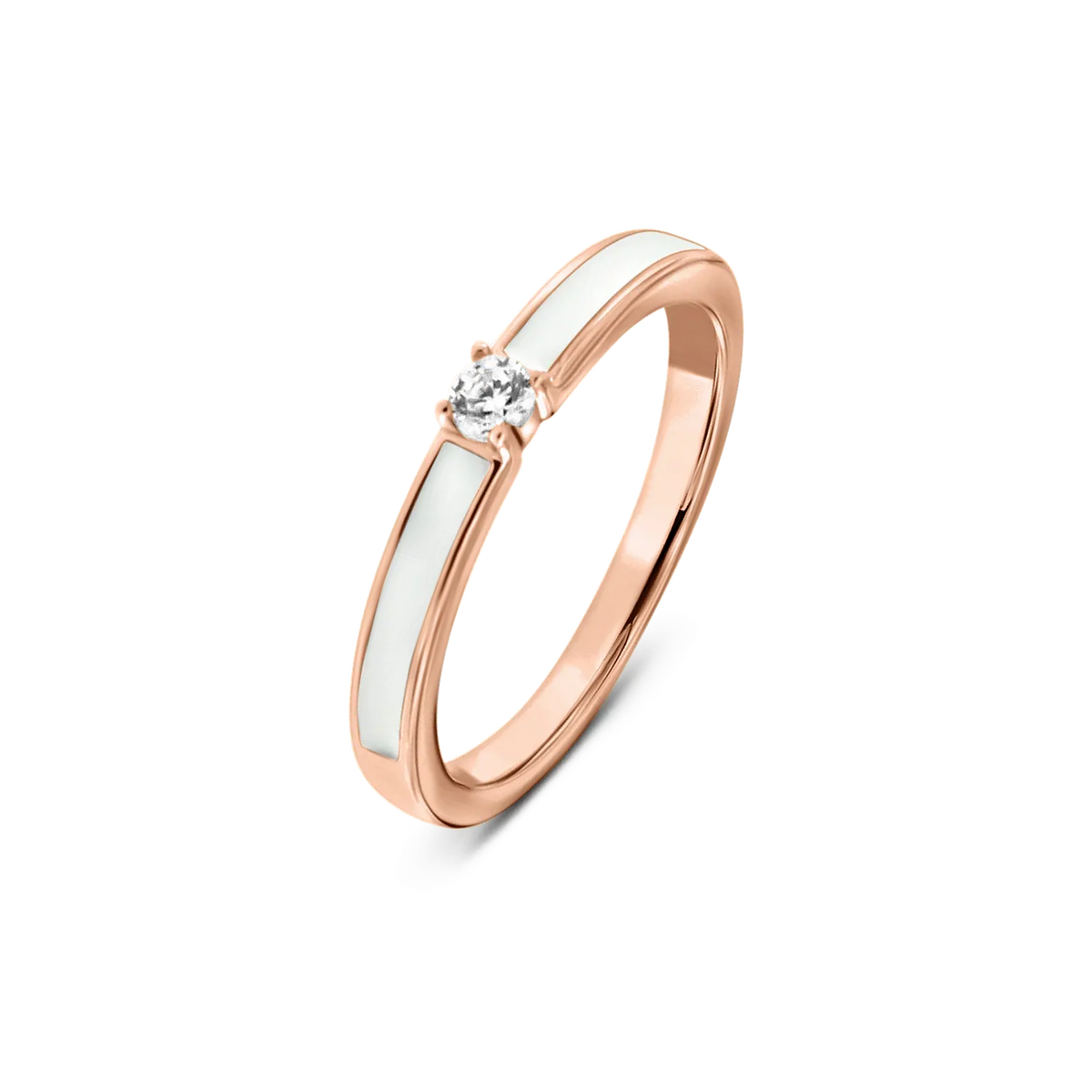 Roségouden ring met een centrale zirkonia en een vlak van moedermelkhars aan de zijkanten.