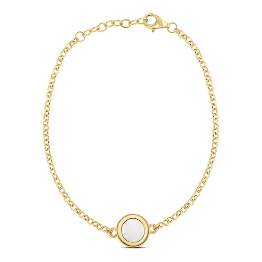 Moedermelk-armband van massief geelgoud met een ronde, witte harssteen in het midden en een fijn, gevlochten ontwerp.