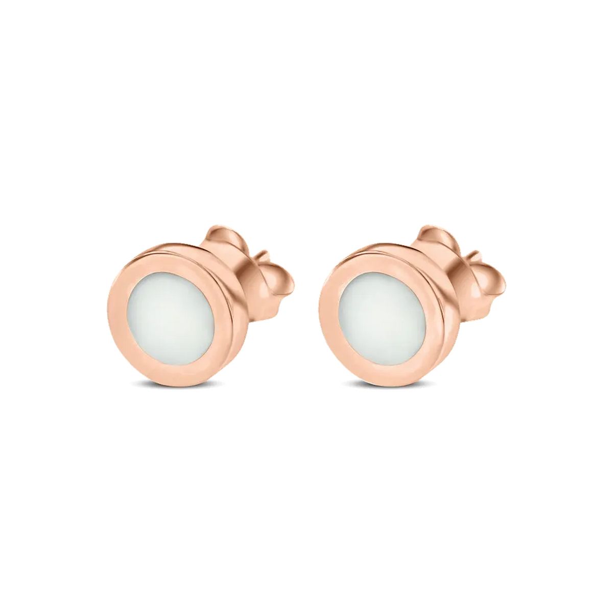 Roségouden moedermelk-oorstekers met een ronde vorm en een witte harsinlay, elegant en tijdloos.