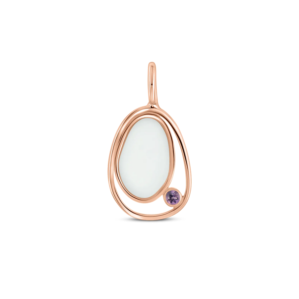 Roségouden hanger met een ovale moedermelkhars en een paarse geboortesteen, elegant omringd door een sierlijke draadstructuur.