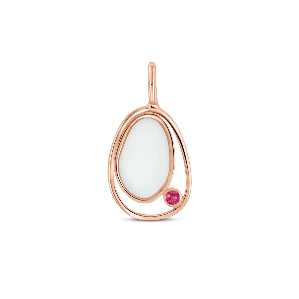 Roségouden hanger met een ovale moedermelkhars en een kleine roze geboortesteen, elegant gevormd met een sierlijke omlijsting.