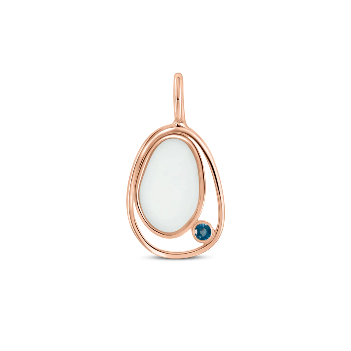 Roségouden hanger met een ovale moedermelkhars en een kleine geboortesteen in blauw, met een sierlijke, golvende omlijsting.