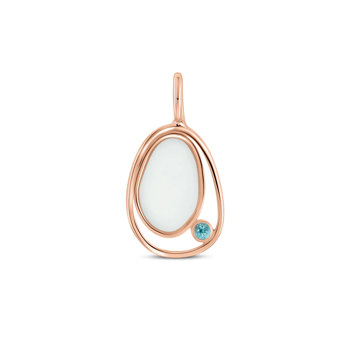 Roségouden hanger met een ovale moedermelkhars en een lichtblauwe geboortesteen, elegant omringd door een verfijnde draadstructuur.