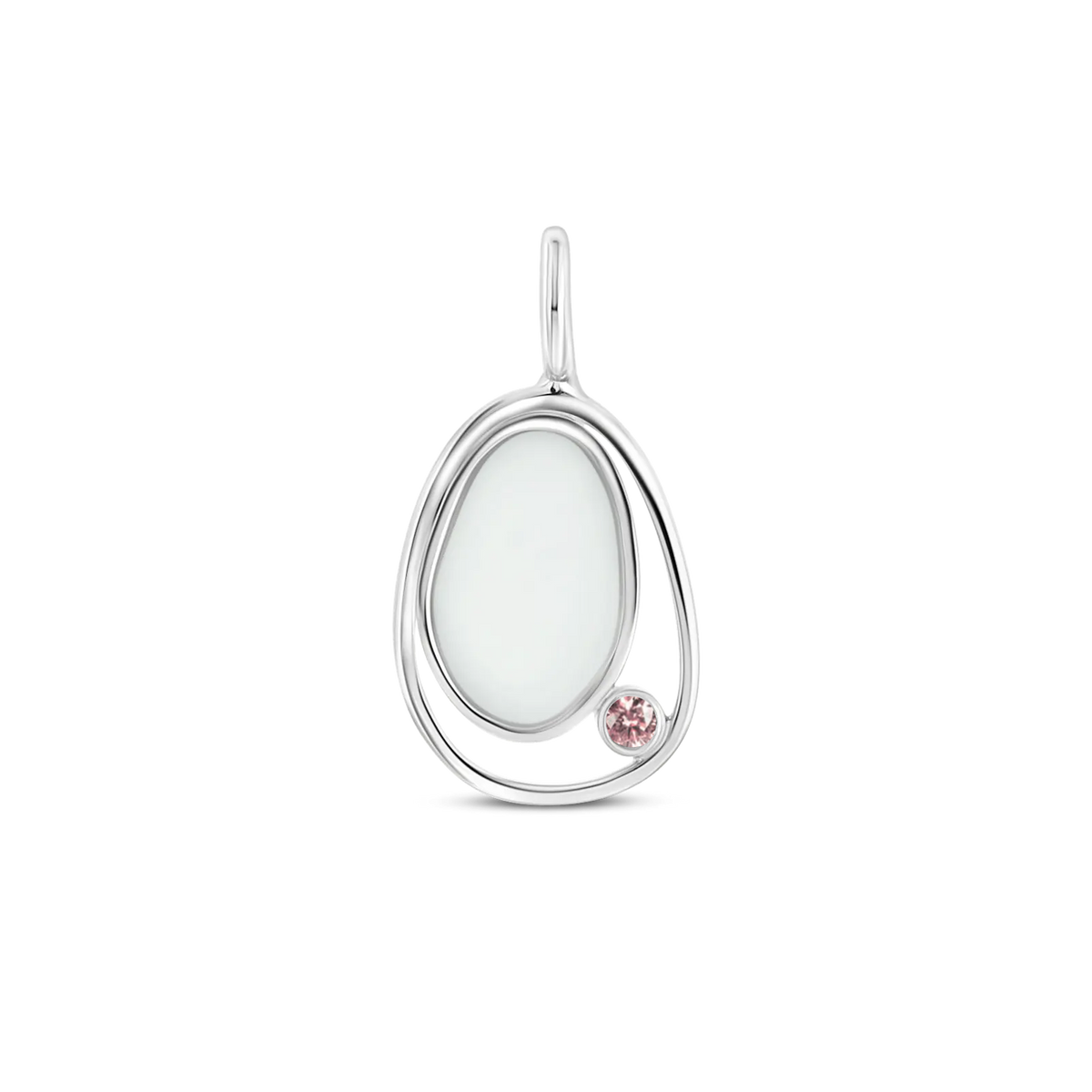 Hanger van massief witgoud met een ovale moedermelkhars en een roze zirkonia.