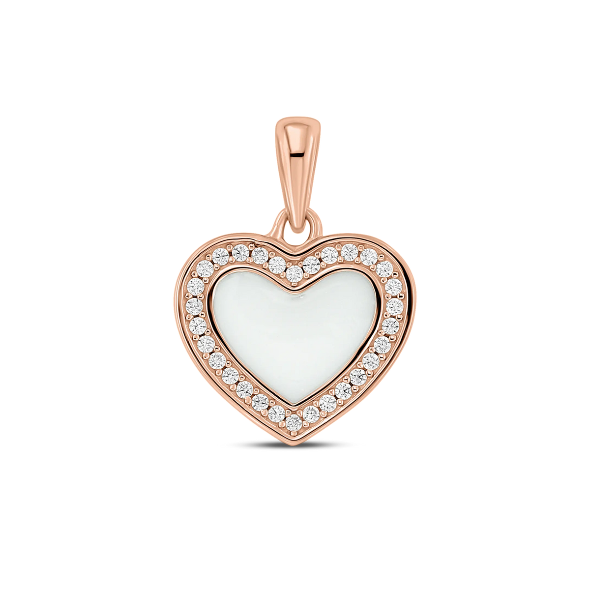 Roségouden hanger in de vorm van een hart, met een hartvormige moedermelkvulling en een rand van zirkonia-steentjes.