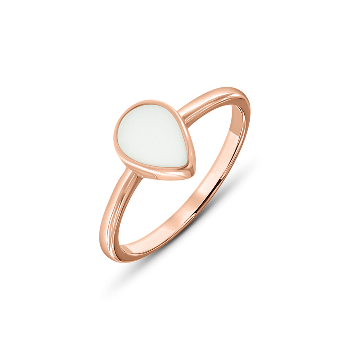 Roségouden moedermelk-ring met een druppelvormige witte moedermelkhars als centraal detail.