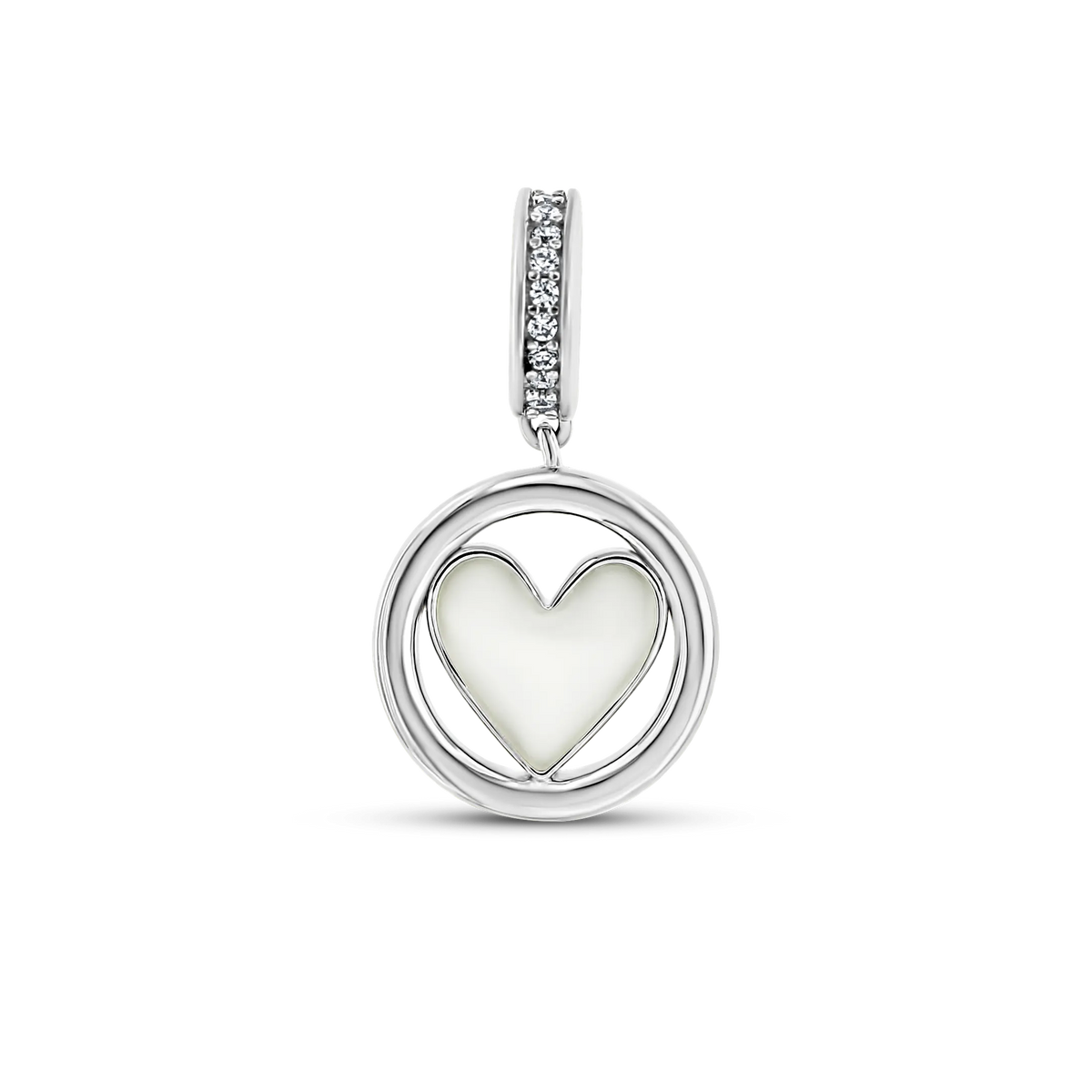 Hartvormige bedel van 925 zilver met een binnenkant van moedermelkhars en een glinsterende zirkonia aan de bovenkant.