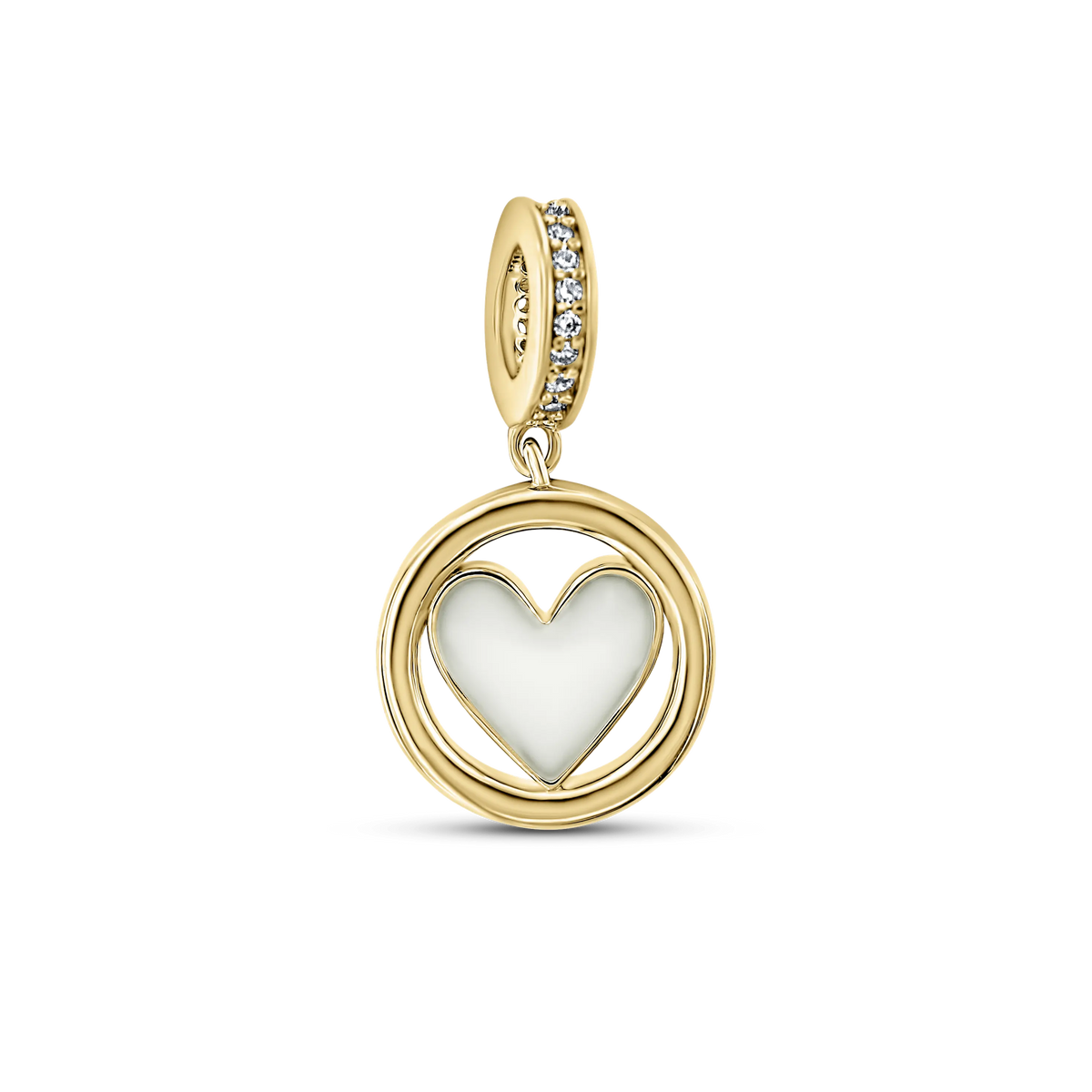 Gouden bedel in de vorm van een hart met een moedermelkvulling, omringd door een ring van zirkonia.