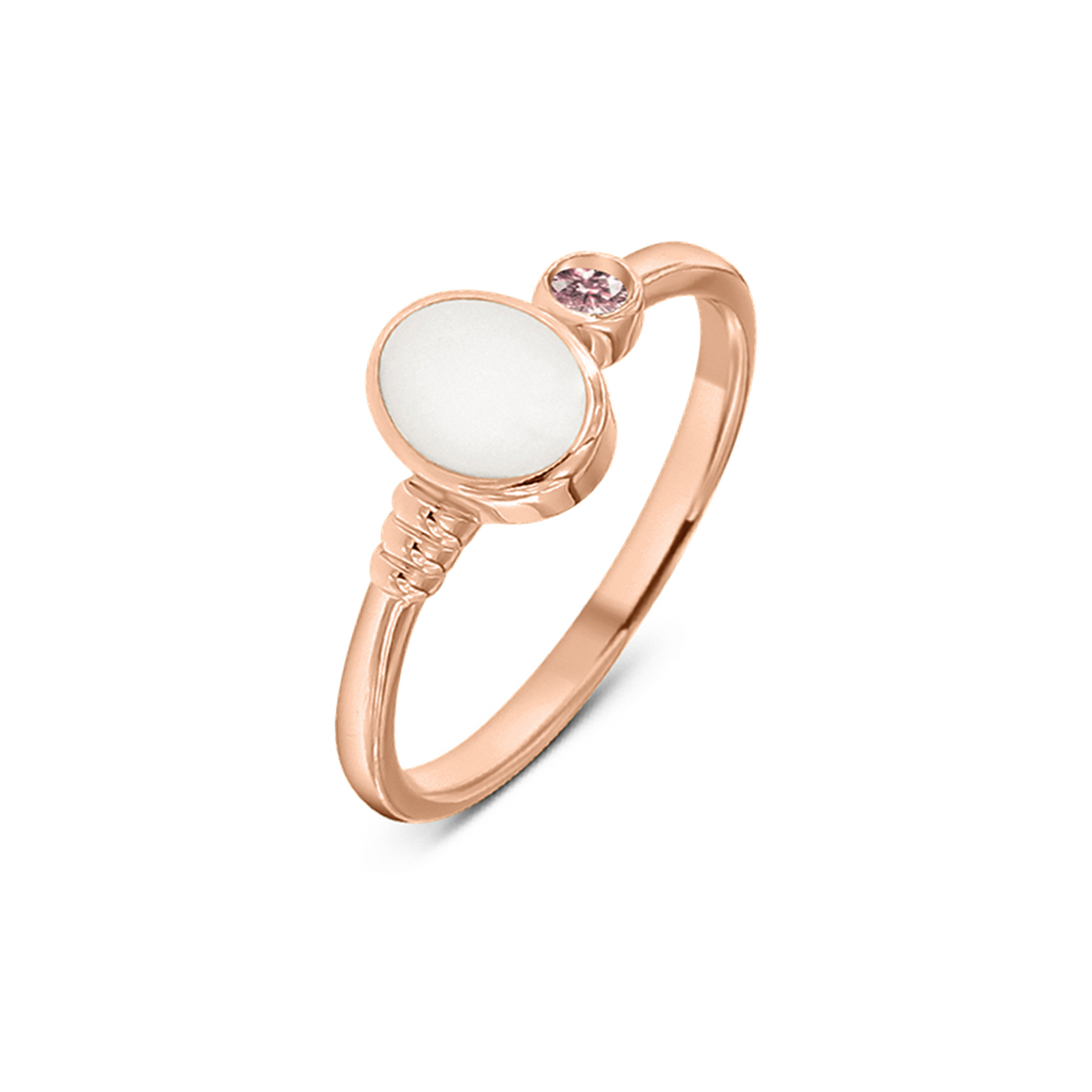 Roségouden ring met een ronde moedermelkhars en een kleine zirkonia in een lichtroze tint.