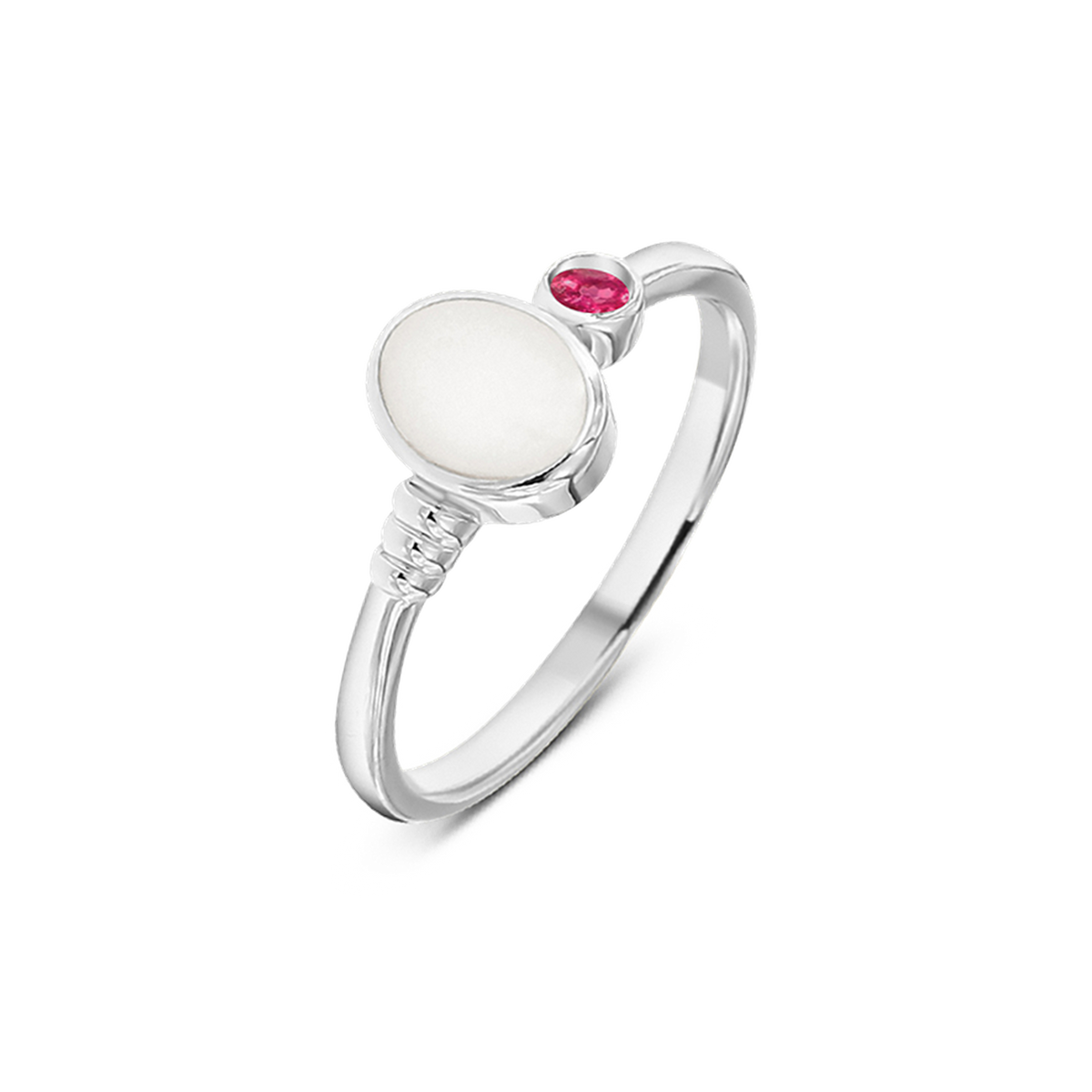 Massief witgouden ring met een ronde moedermelkhars en een kleine roze geboortesteen aan de zijkant.