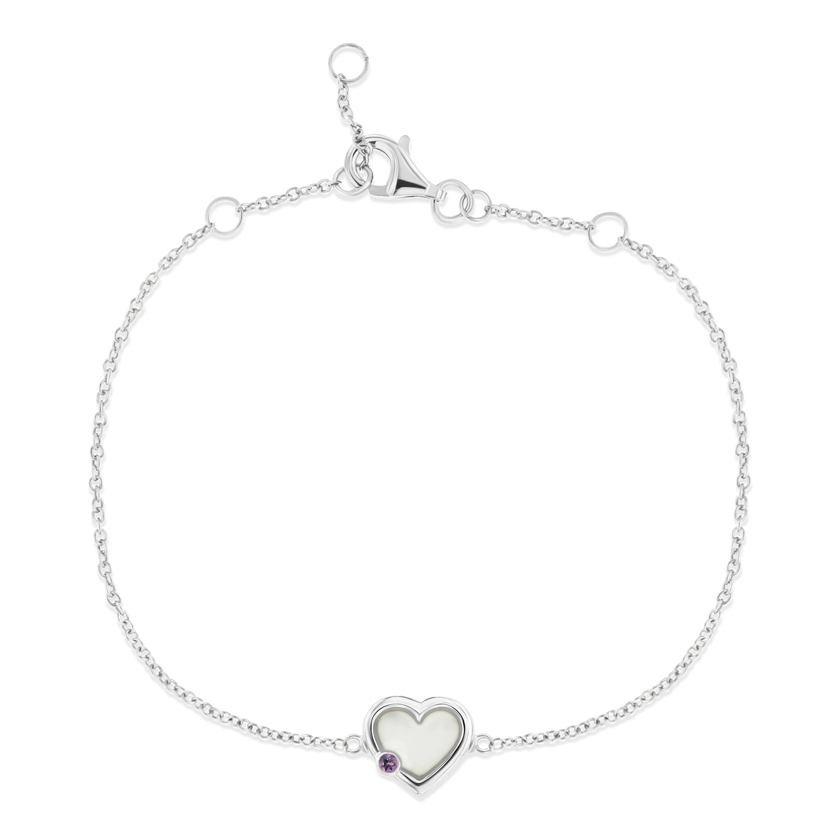 Armband van 925 zilver met een hartvormige hanger van moedermelkhars en een paarse geboortesteen.