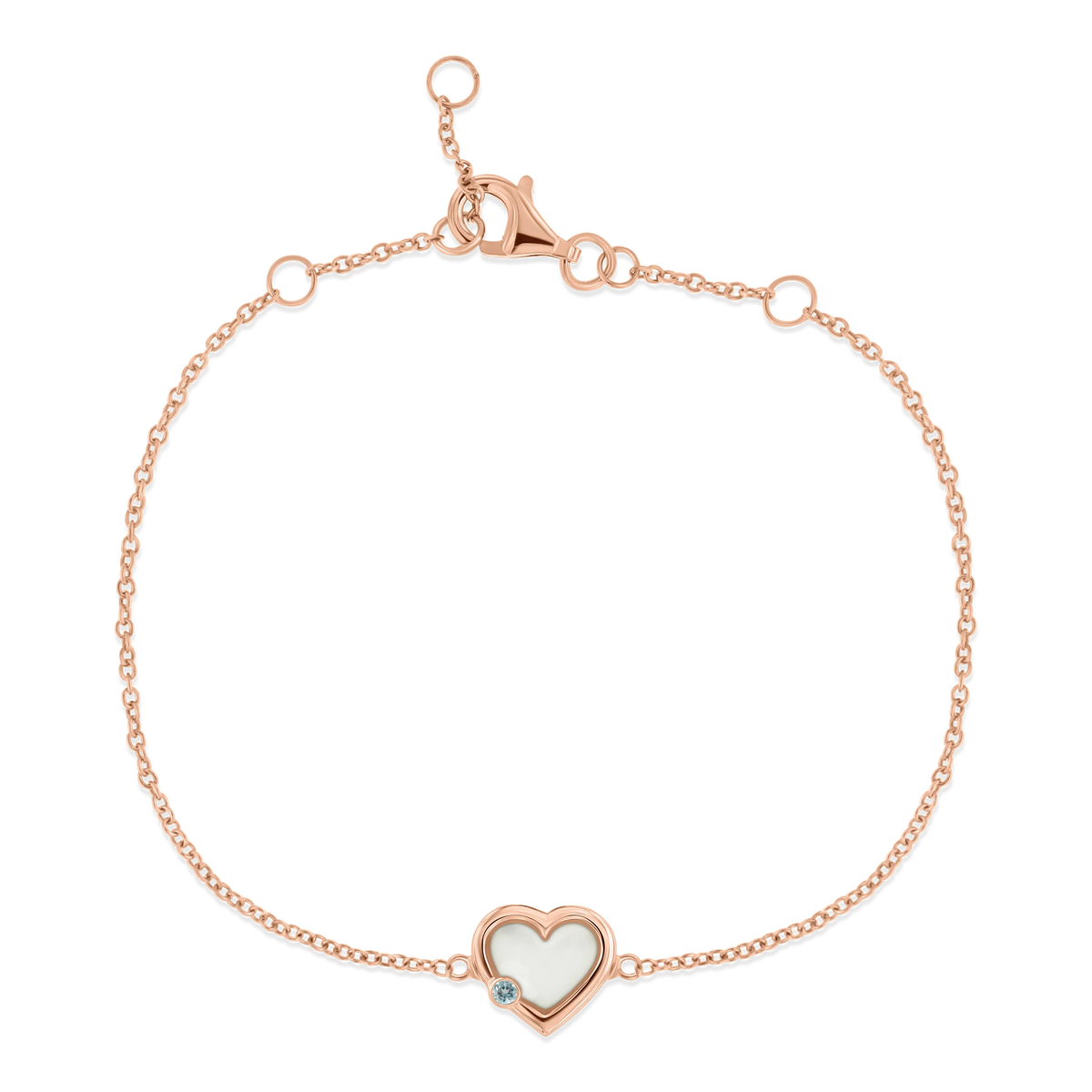 Roségouden armband met een hartvormige hanger van moedermelkhars en een kleine zirkonia, met een verstelbare sluiting.