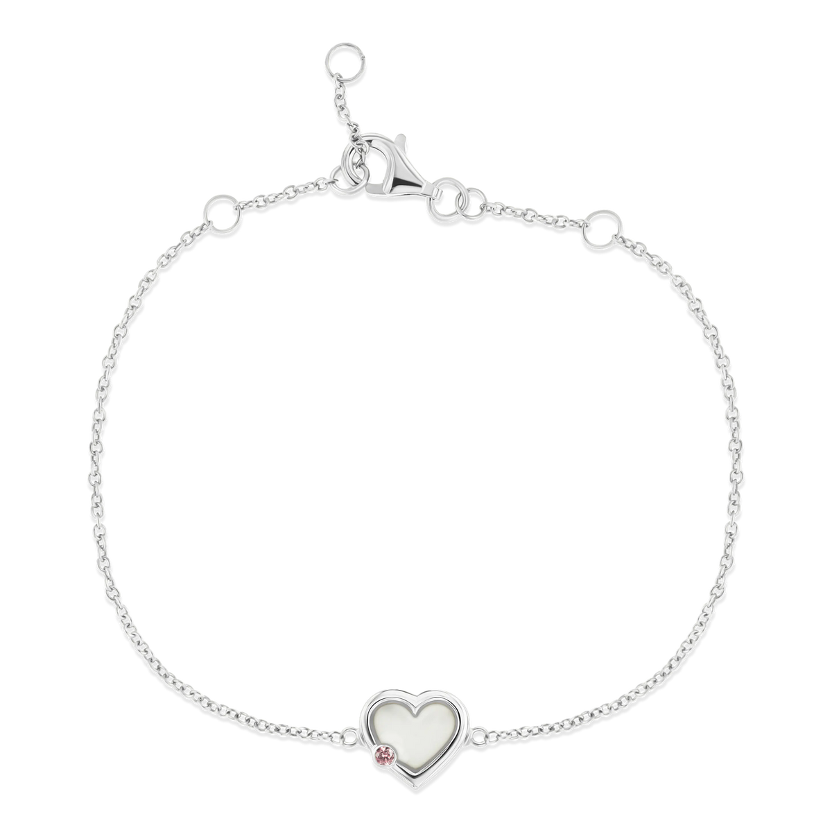 Armband van massief witgoud met een hartvormige hanger van moedermelkhars en een roze geboortesteen.