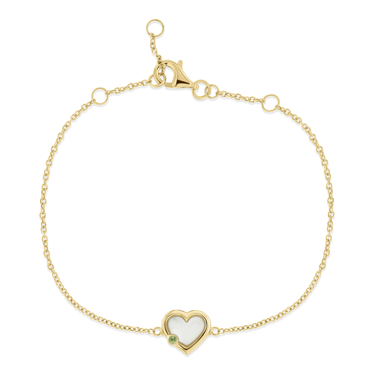 Armband van geelgoud met een hartvormige hanger van moedermelkhars en een groene geboortesteen.