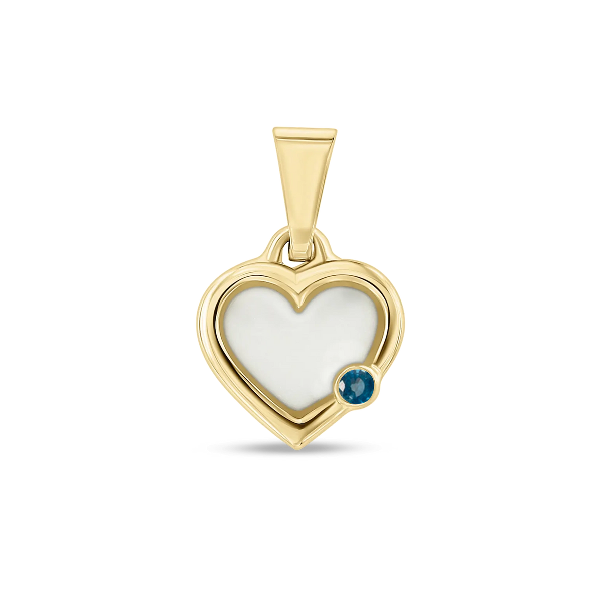 Hartvormige hanger van geelgoud met een vlak van moedermelkhars en een geboortesteen in de kleur blauw.