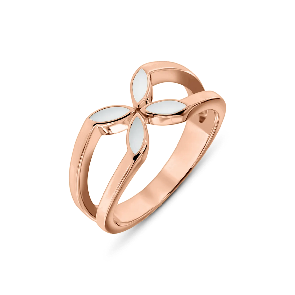 Roségouden moedermelkring met een bloemvormige design, voorzien van vier witte harsbladen die de bloemblaadjes vormen.