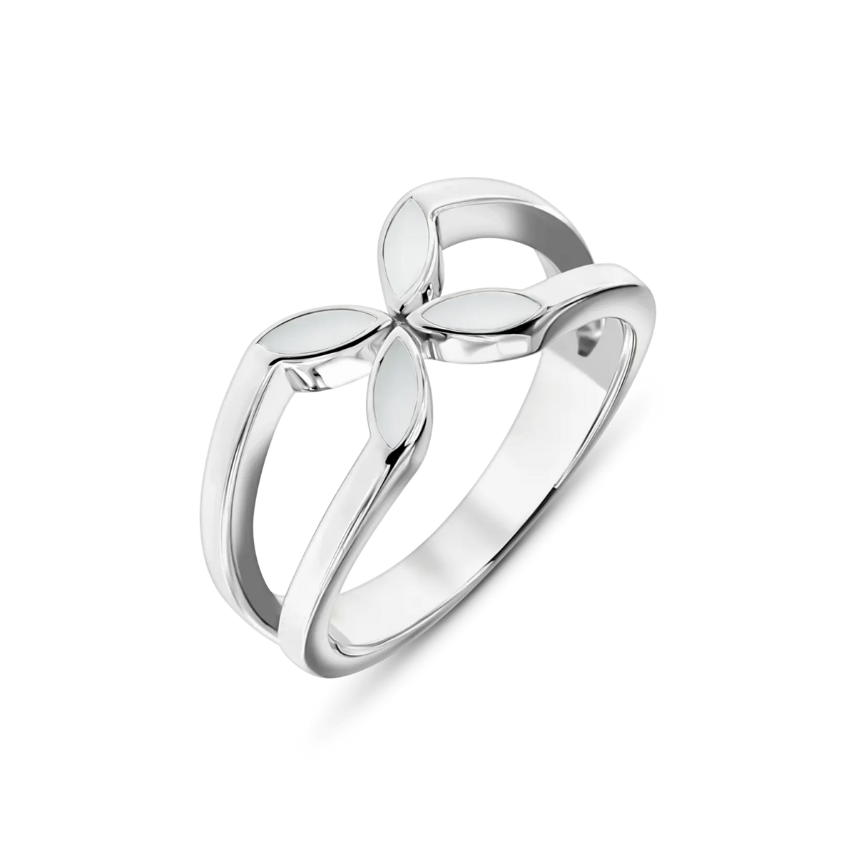 Massief witgouden ring met een bloemvormige design, voorzien van twee bladeren van moedermelkhars in een heldere afwerking.