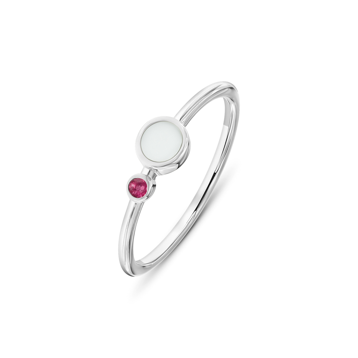 Massief witgouden ring met een ronde moedermelkhars en een kleine roze zirkonia aan de zijkant.