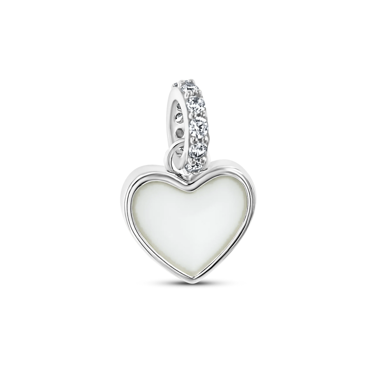 Hartvormige bedel van 925 zilver met een transparante moedermelkhars en een sprankelende zirkonia bovenaan.