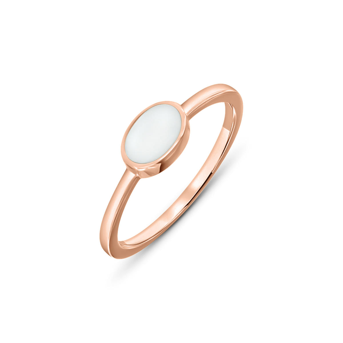 Roségouden ring met een ovale moedermelkhars steen, elegant en minimalistisch van ontwerp.