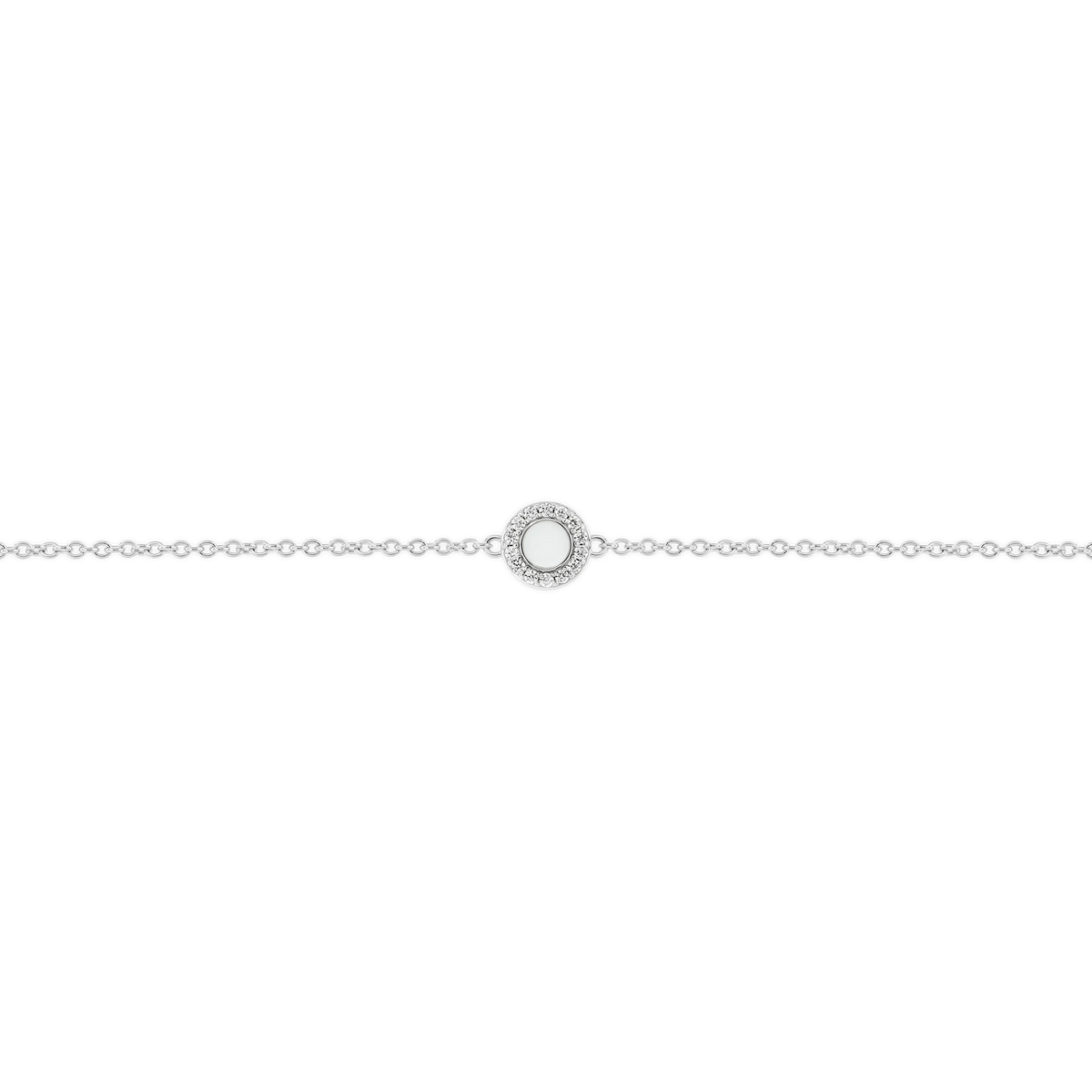 Armband van 925 zilver met een ronde schijf van moedermelkhars in het midden, elegant en minimalistisch van ontwerp.