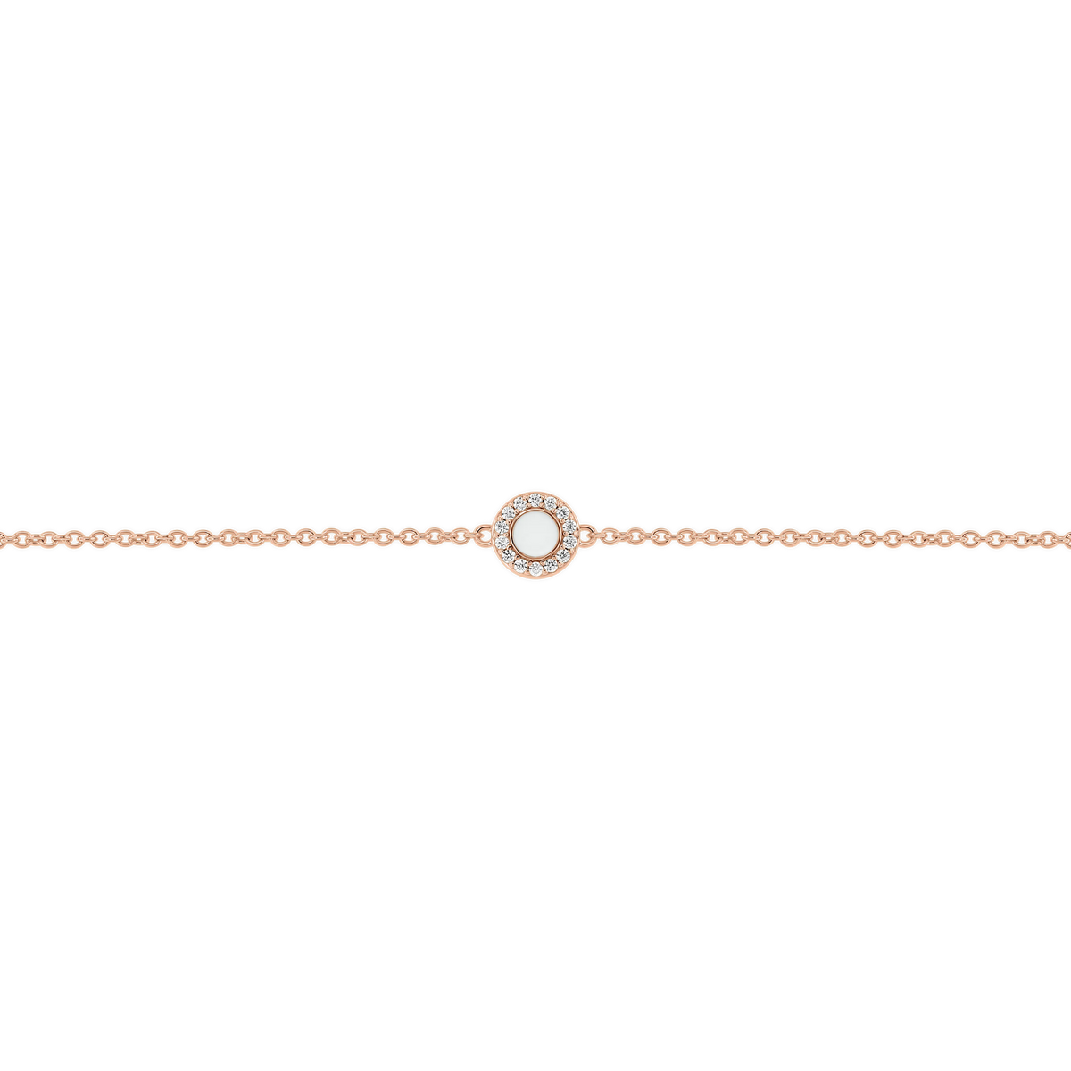 Roségouden moedermelk-armband met een ronde schijf waarin moedermelk is verwerkt, omringd door zirkonia.