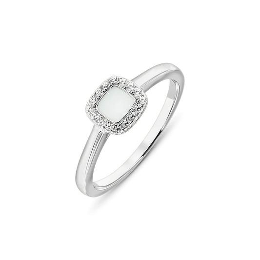 Moedermelkring van 925 zilver met een vierkante, witte moedermelkhars steen omringd door zirkonia.