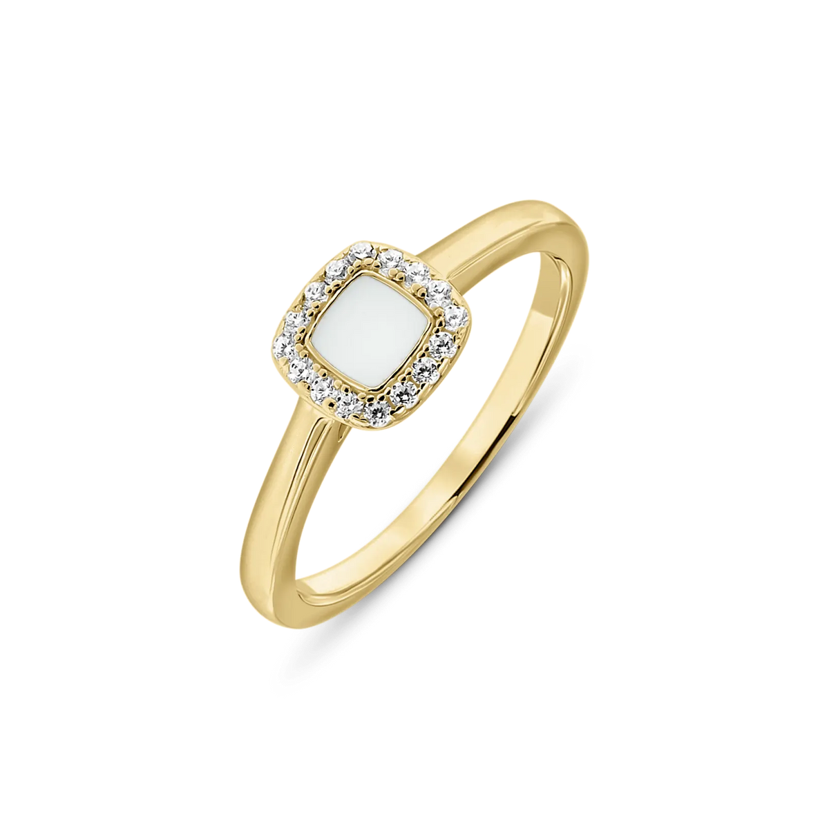 Massief geelgouden ring met een vierkante moedermelkhars in het midden, omringd door kleine zirkonia-steentjes.
