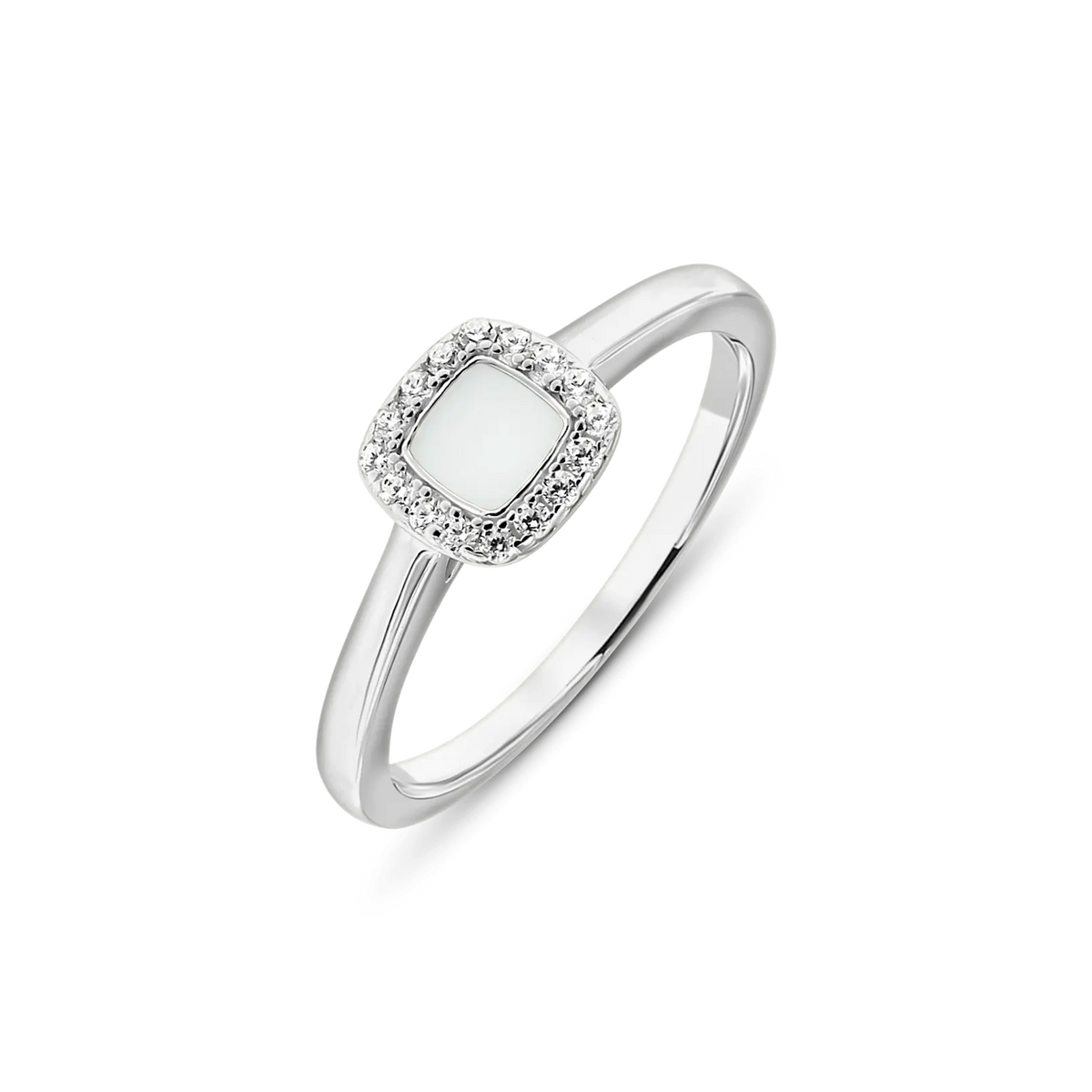 Massief witgouden ring met een vierkante moedermelkhars steen omringd door een zirkonia rand.