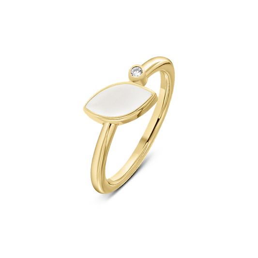 Ring van massief geelgoud met een gladde, ovale moedermelkhars en een kleine zirkonia aan de bovenkant.