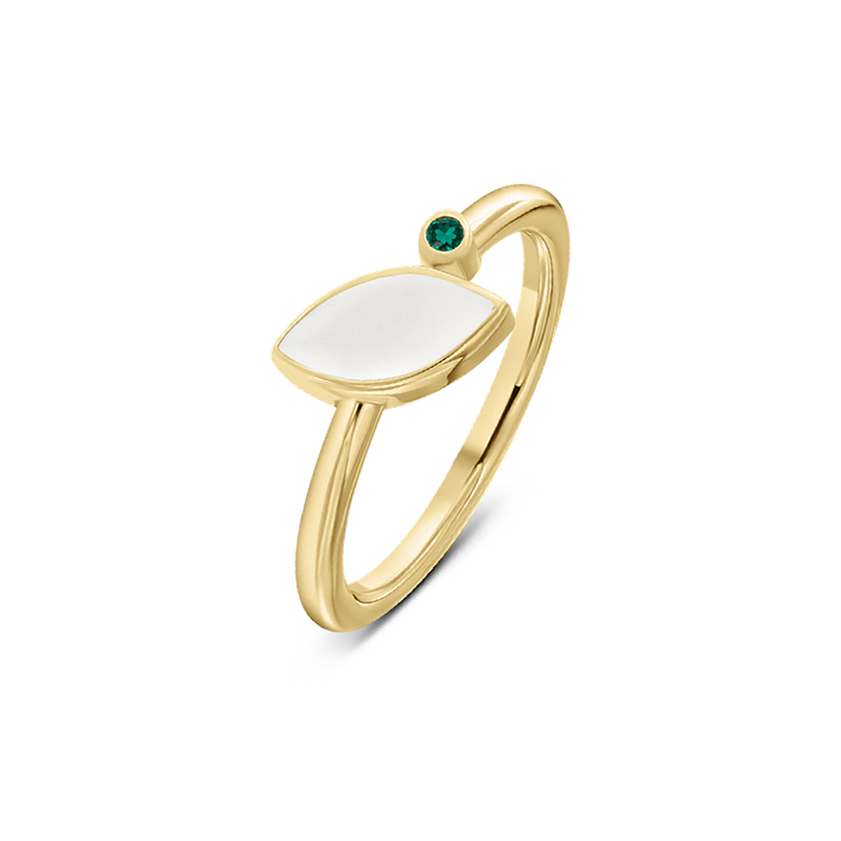 Ring van massief geelgoud met een gladde, ovale moedermelkhars en een groene geboortesteen aan de bovenkant.