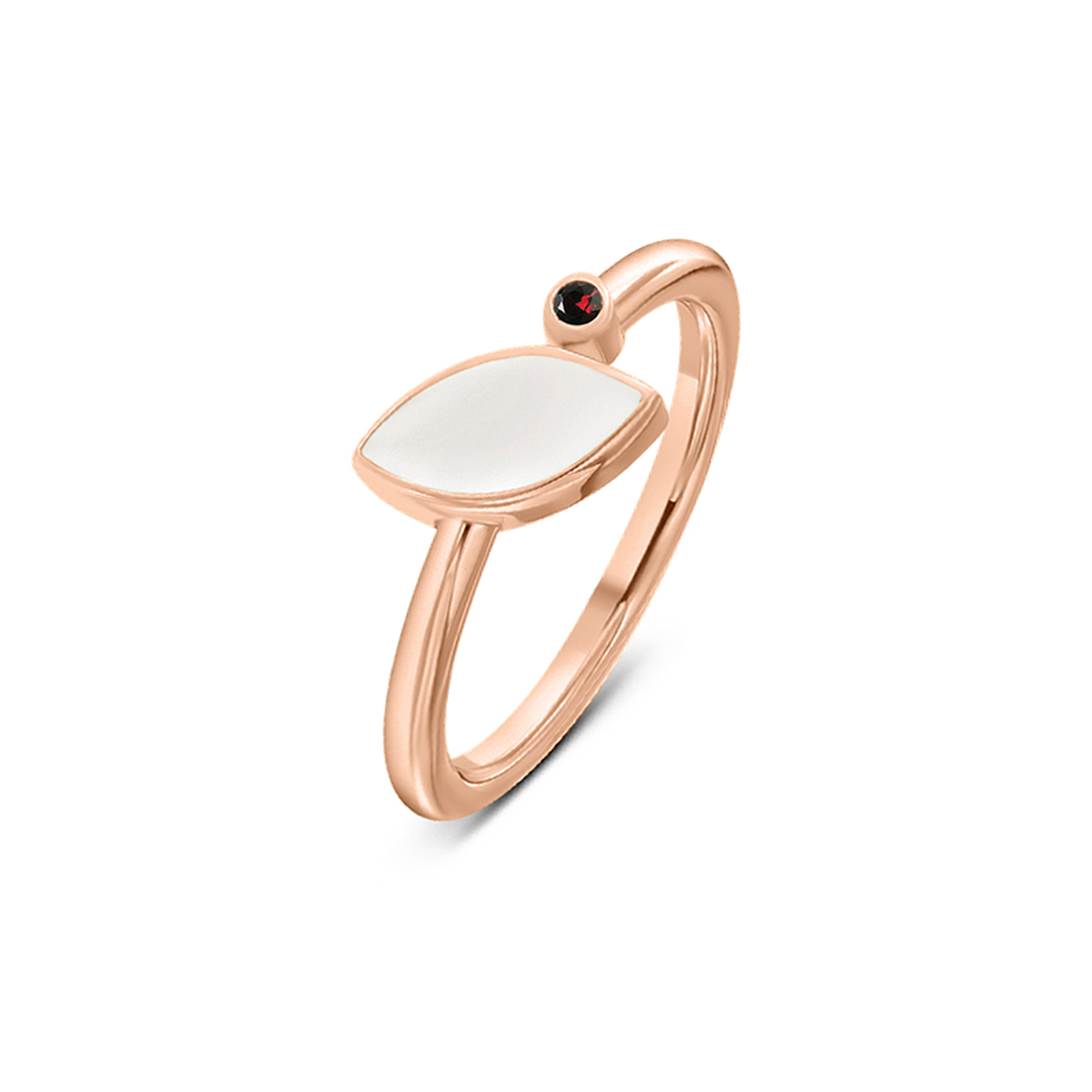 Roségouden moedermelk-ring met een ovale, witte harssteen en een kleine zwarte zirkonia aan de bovenkant.