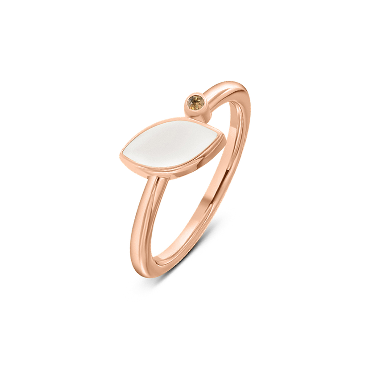 Roségouden ring met een ovale moedermelkhars en een kleine geboortesteen, elegant en minimalistisch van ontwerp.