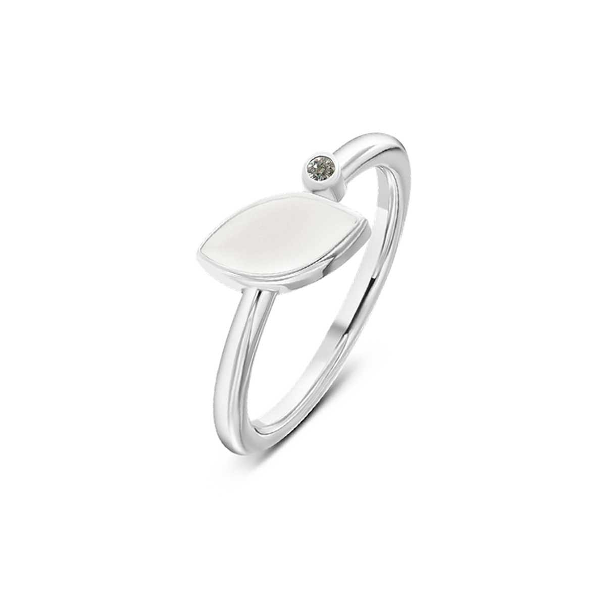 Massief witgouden ring met een gladde, ovale bovenkant en een kleine zirkonia aan de zijkant.