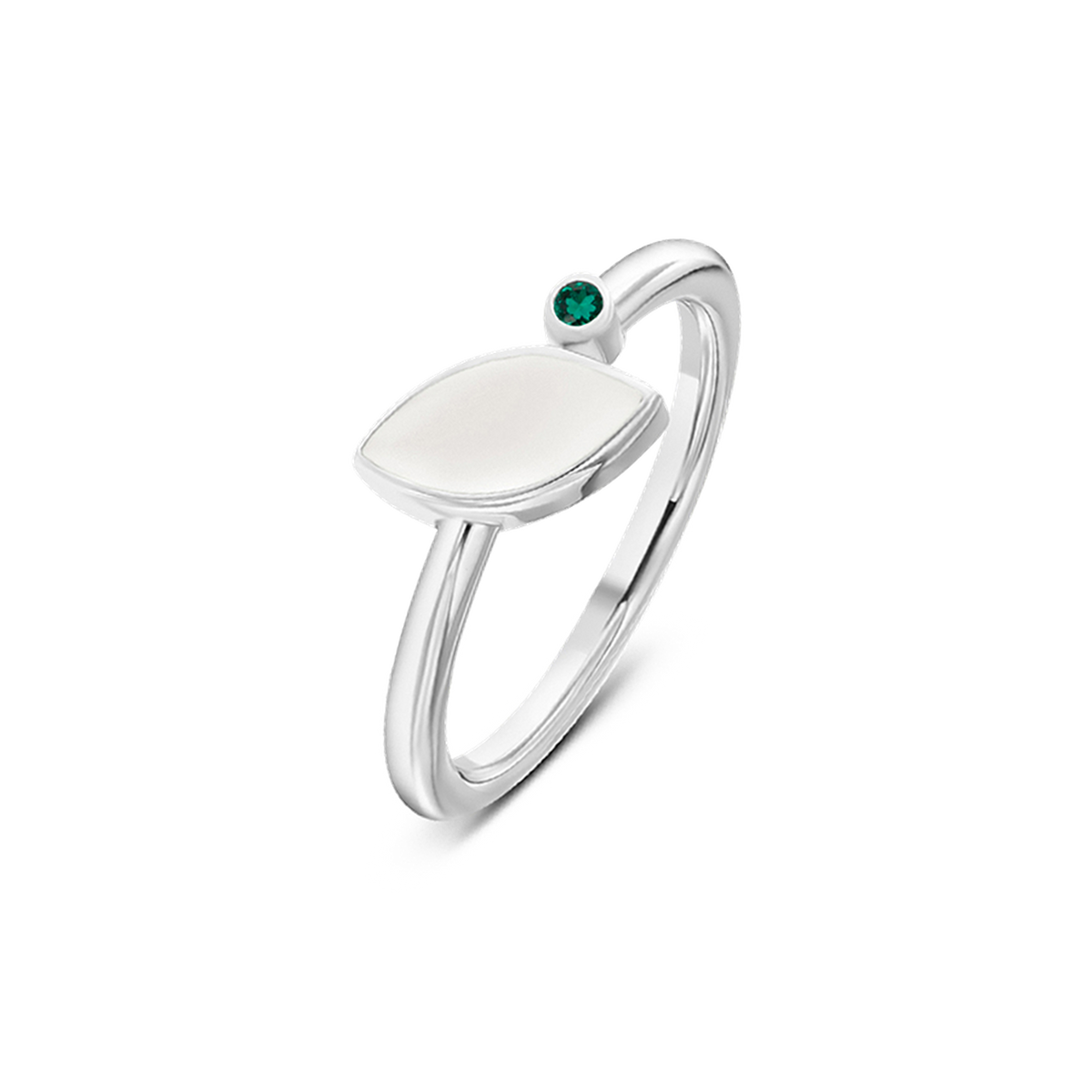 Massief witgouden ring met een gladde, ovale bovenkant en een groene geboortesteen aan de zijkant.