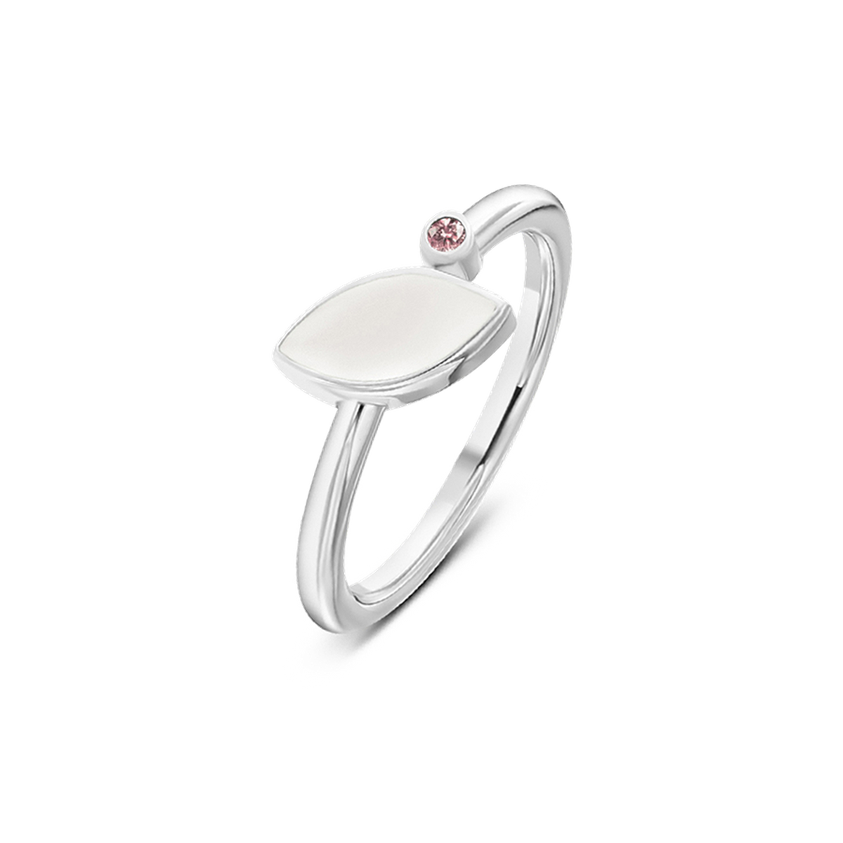 Massief witgouden ring met een gladde, ovale schijf en een kleine roze zirkonia aan de bovenkant.