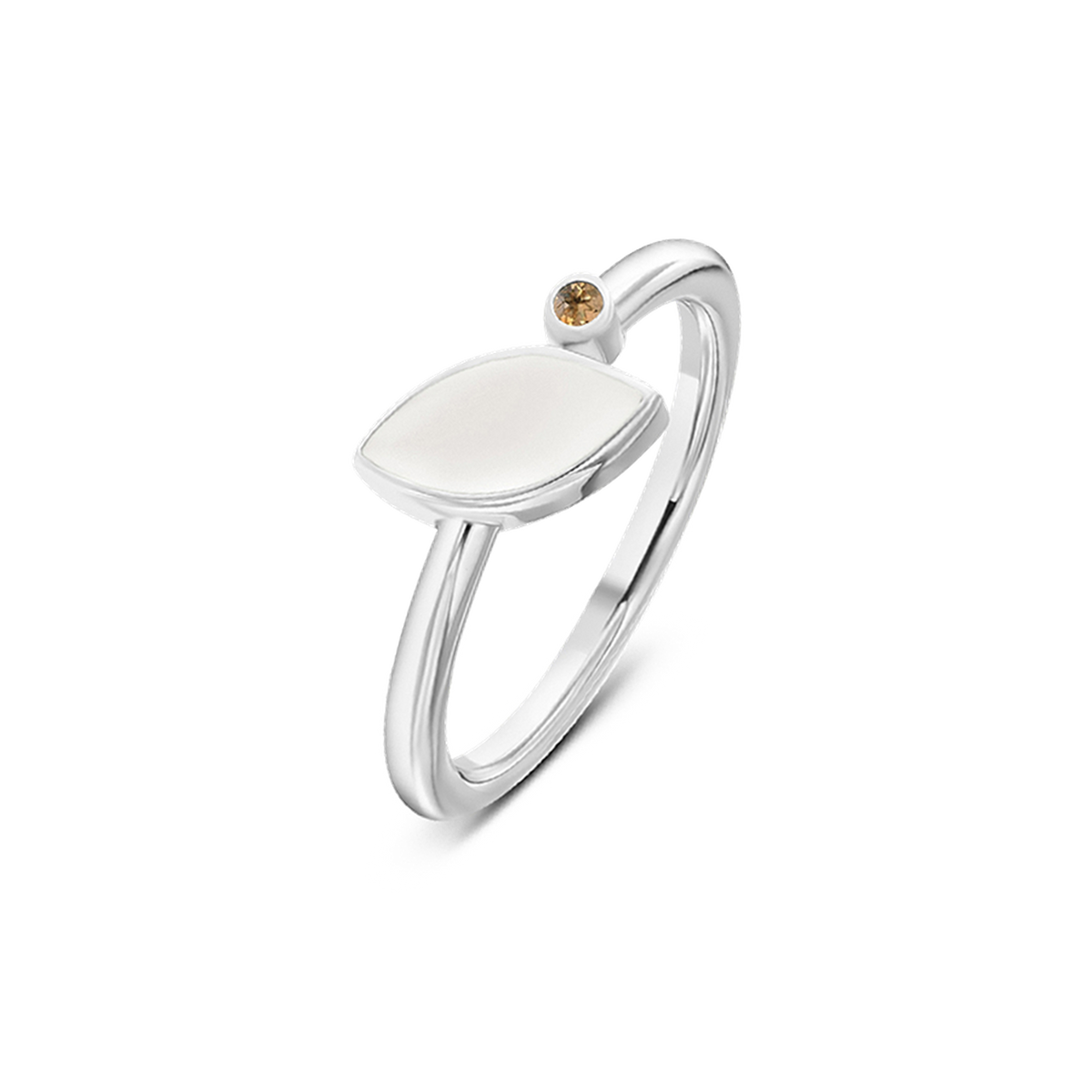 Massief witgouden ring met een ovale, gladde bovenkant en een kleine, gouden zirkonia aan de zijkant.